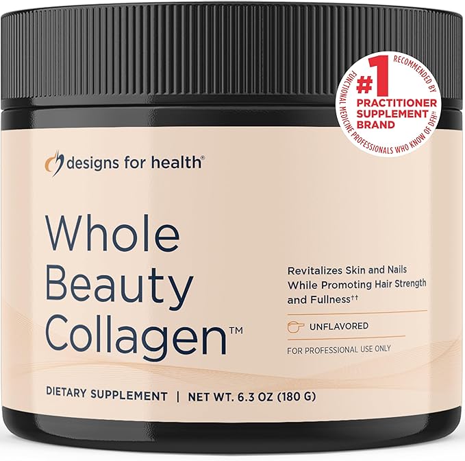 Designs for Health Whole Beauty Collagen - Collagen Peptides Silica &amp Biotin Powder to Support Hair Skin and Nails - Support Hair Strength &amp Fullness (30 Servings)