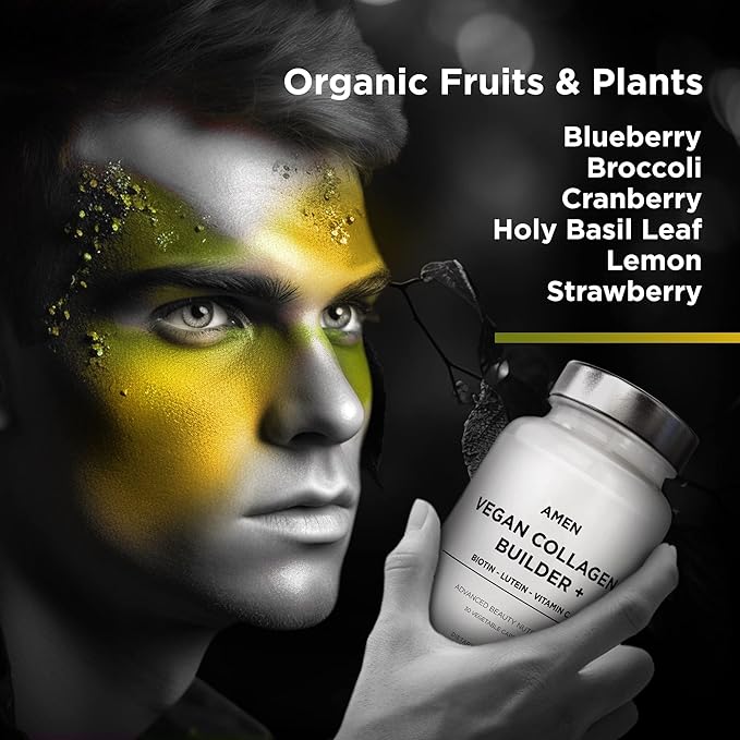Amen Plant-Based Vegan Collagen Builder Supplement - Organic Whole Foods Lutein Vitamin C Biotin Lysine Proline Collagen Boosters - Organic Cranberry Lemon Strawberry - Once A Day - 30 Capsules