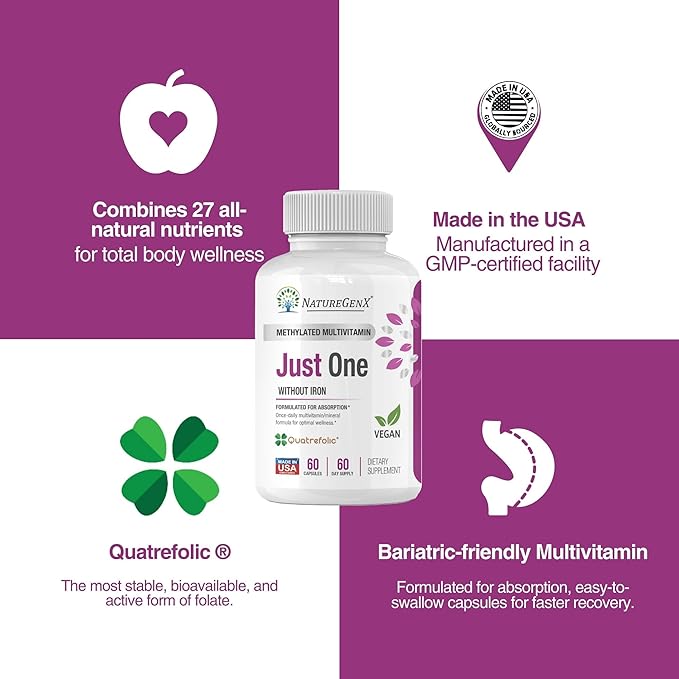 Just One Daily Methylated Multivitamin - 60 Caps Pure Methyl B12 Methylfolate MTHFR Support Supplement Iron Free Methylated Vitamins for Men &amp Women 2 Months Supply Gluten Free