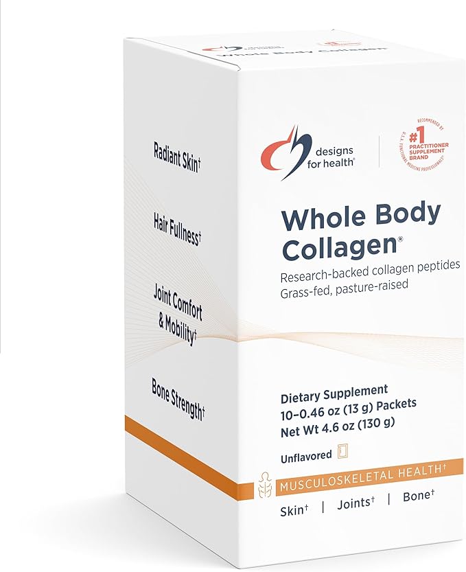 Designs for Health Whole Body Collagen Powder - Hydrolyzed Collagen Peptides Powder for Skin Joint + Bone Health - Fortigel Fortibone &amp Verisol Collagen for Women &amp Men Unflavored (10 Packe