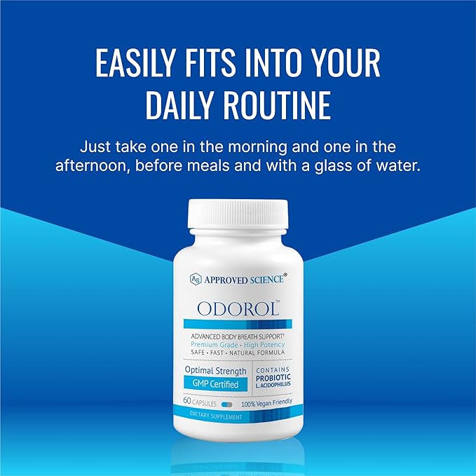 Approved Science Odorol - 6 Bottles - Freshen Bad Breath and Body Odor - Contains L.acidophilus Green Tea Magnolia Bark Peppermint Oil and Fennel - All Natural Vegan Friendly Non-GMO