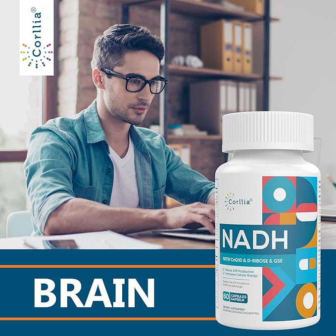 NADH 50mg + CoQ10 200mg + D-Ribose 150mg Supplement Enhance NAD+ Supplement for Energy Fatigue Reduced Nicotinamide Adenine Dinucleotide 120 Veggie Capsules