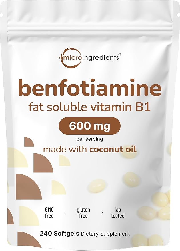 Vitamin B1 Benfotiamine 600mg Per Serving 240 Coconut Oil Softgels | Bioavailable B Vitamins Supplement Converted to Active Thiamine | Non-GMO Soy Free