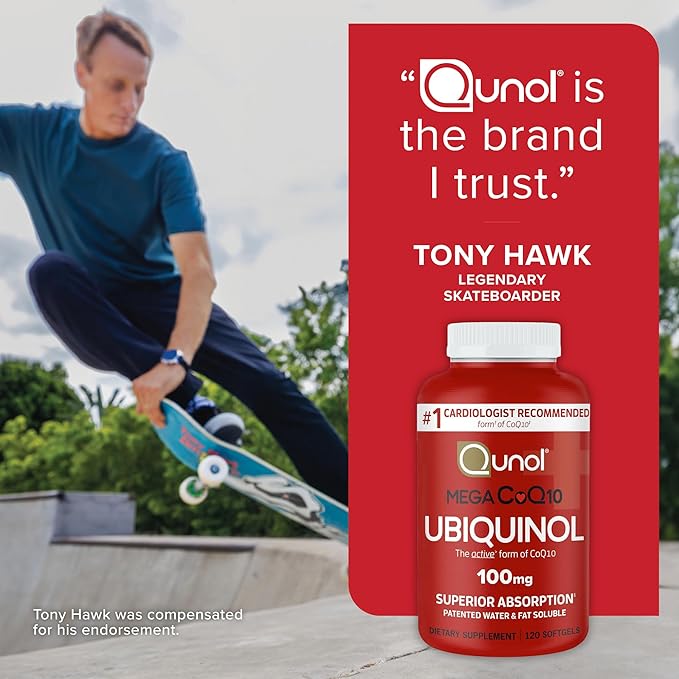 Qunol Mega Ubiquinol 100mg CoQ10 Superior Absorption Patented Water and Fat Soluble Natural Supplement Form of Coenzyme Q10 Antioxidant for Heart Health 100 Count Softgels