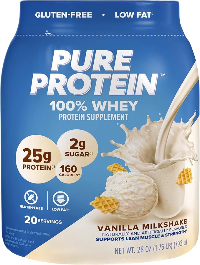Pure Protein Powder Whey High Protein Low Sugar Gluten Free Vanilla Cream 1.75 lbs &amp Carefree Panty Liners Regular Liners Wrapped Unscented 54ct (Packaging May Vary)