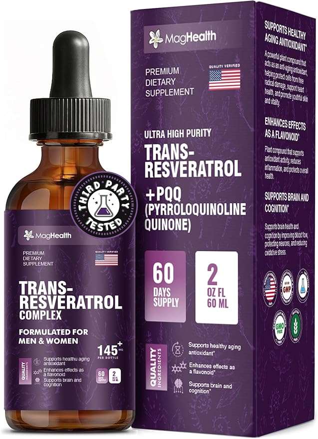 Trans-Resveratrol with PQQ Quercetin &amp Black Pepper Tincture | 3rd Party Tested | Cellular Energy &amp Heart Health Support | Sourced from Japanese Knotweed - 2 oz (60 Servings)