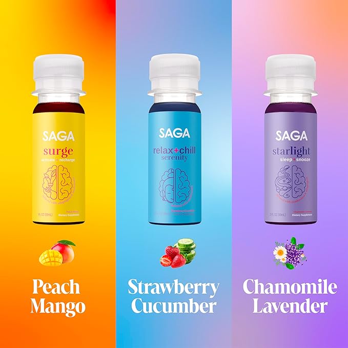 SAGA Functional Shot Variety Pack | Organic Nootropic Drink with Mushrooms Yerba Mate CoQ10 Kava &amp Valerian Root Alpha GPC Melatonin | Energy Relaxation Sleep | 2oz Plant-Based Shots (6-Pa
