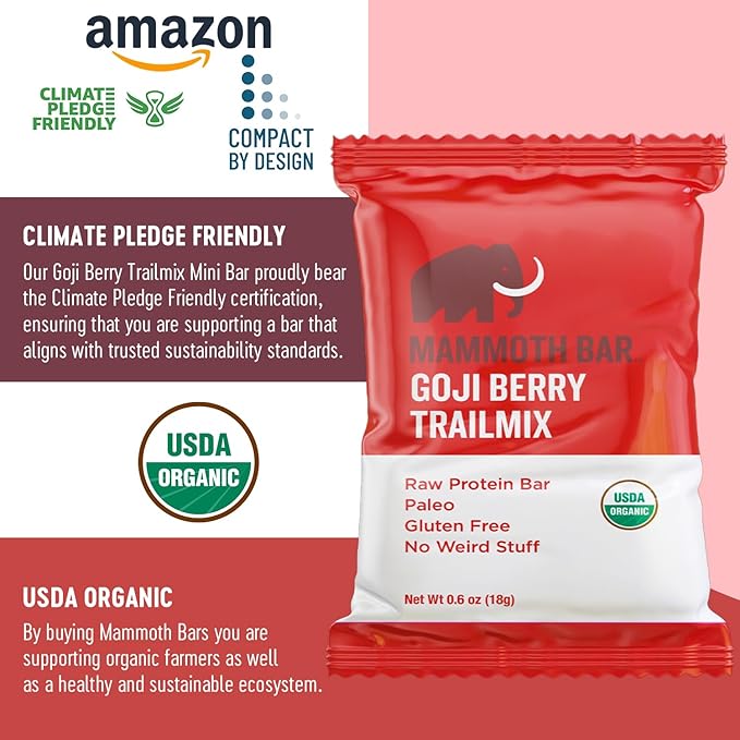 Mammoth Bar Goji Berry Trail Mix Mini Bar - Mini Organic Snack Bar Packed with 4g Protein. Made with Goji Berries Almonds Pistachios Sunflower Seeds &amp Egg White Protein. Paleo • Gluten Free • R