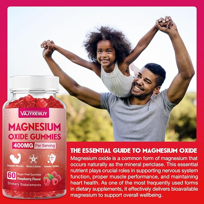 Magnesium Oxide Gummies 400mg for Adults &amp Kids – High Absorption Stress Relief Muscle Relaxation – Vegan Non-GMO Raspberry Flavor – 120 Count