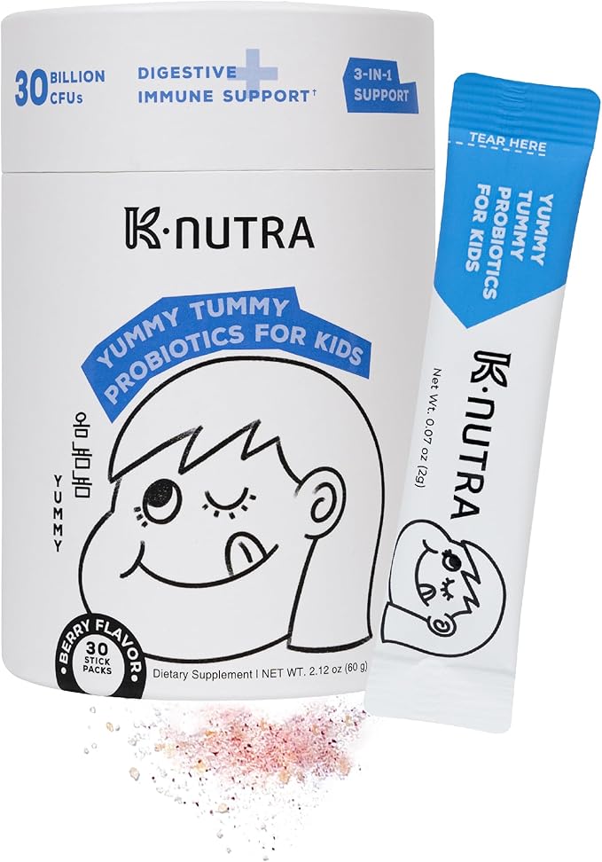 K-Nutra Yummy Tummy Probiotics for Kids | 2.12oz (30 Sticks) | 3-in-1 Prebiotic &amp Probiotic Powder | 30 Billion CFUs | Supports Digestive &amp Supports Immune Health | for Ages 3+