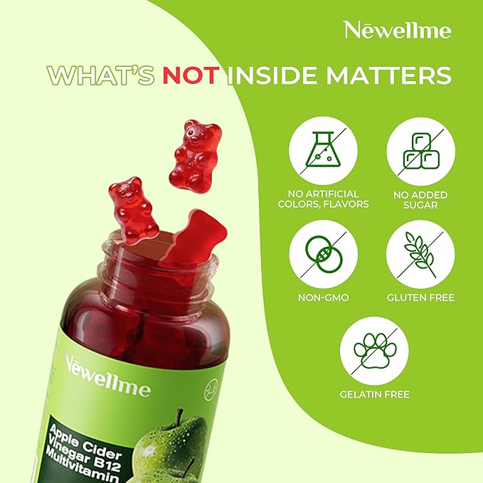 NEWELLME ACV Gummies with the Mother &amp B12 – Sugar-Free Great-Tasting Vegan Gummies for Digestion Metabolism &amp Daily Energy Support 120 Count