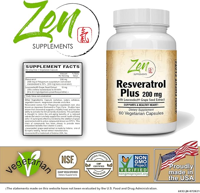 200mg Resveratrol Anti-Aging Antioxidant Capsules - 60 Veg by Zen Supplements