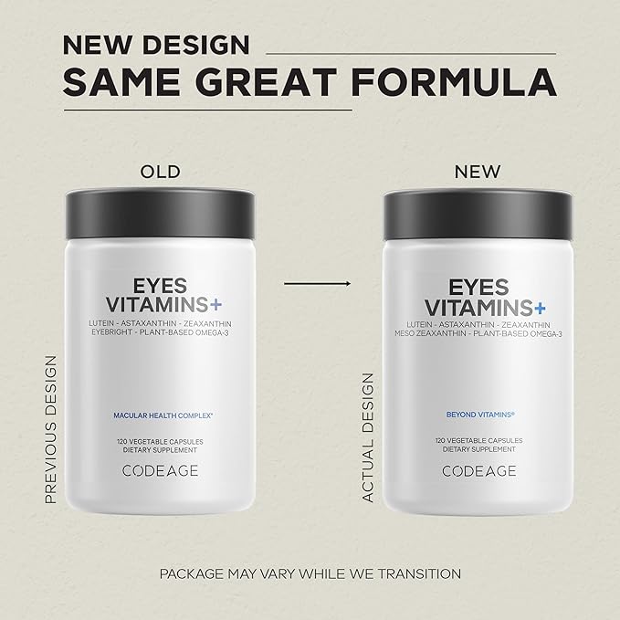 Codeage Eyes Vitamins - AREDS 2 Based Formula Supplement - 2-Month Supply - Vitamins A C E Zinc Lutein Astaxanthin Zeaxanthin Eyebright Marigold Bilberry Saffron Omega-3-120 Capsules