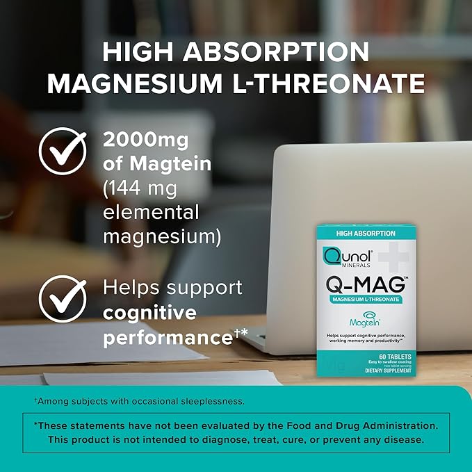 Qunol Q-Mag Magnesium L-Threonate Tablets 2000mg of Magtein to Help Support Cognitive Performance Improve Mental Alertness &amp Productivity Supports Restful Sleep High Absorption 60 Count