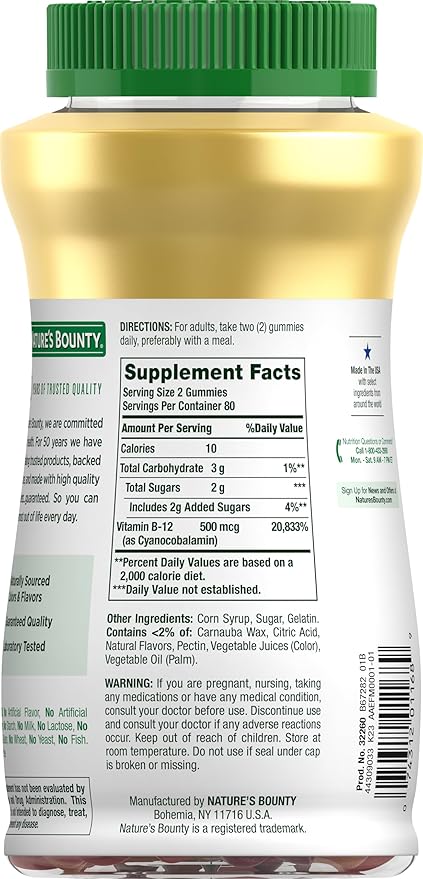 Nature's Bounty Vitamin B12 Gummies Dietary Supplement Supports Energy Metabolism and Nervous System Health Mixed Berry Flavor 500mcg 160 Count (Pack of 2)