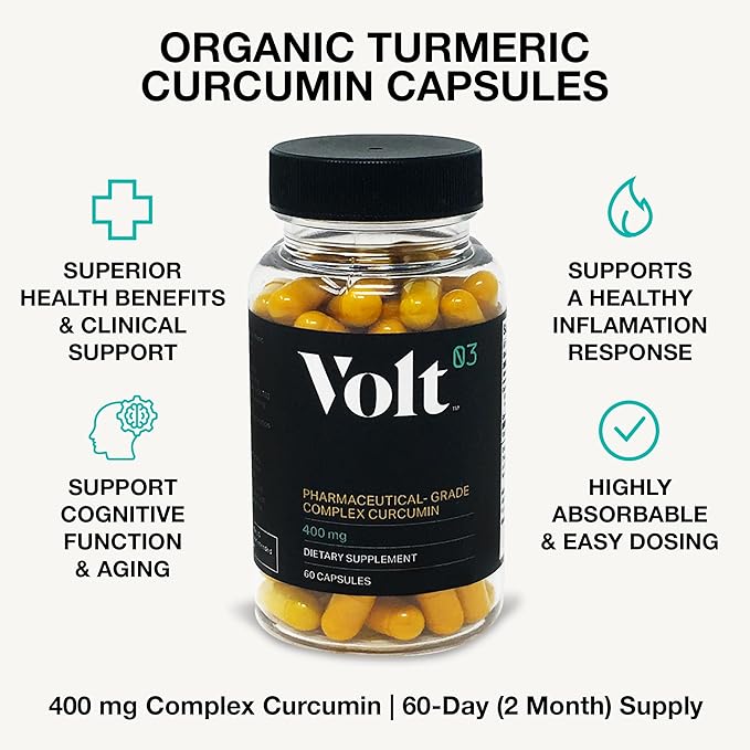 Volt03 Organic Turmeric Curcumin Capsules 400mg Complex Curcurmin - Pharmaceutical-Grade Curcumin Supplement for Joint Health Immune Support &amp Healthy Inflammation Response 60-day (2 month) su