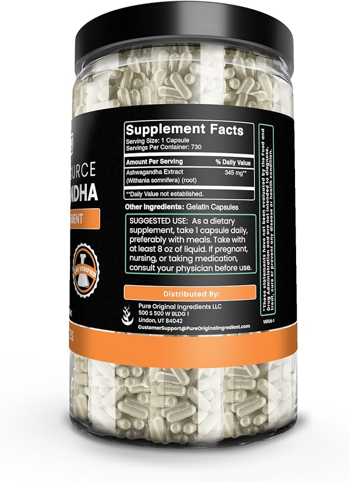Pure Original Ingredients Ashwagandha (730 Capsules) No Magnesium Or Rice Fillers Always Pure Lab Verified