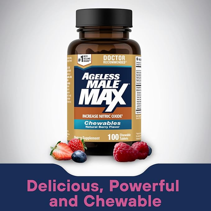 Ageless Male Max Chewable Nitric Oxide Booster Supplement for Men – High Potency Ashwagandha Extract to Boost Workouts Muscle &amp Performance Reduce Stress Support Sleep - 100 Count