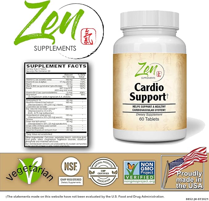 Zen Supplements - Cardio Support Plus Antioxidants L-Carnitine L-Taurine with Coenzyme Q10 Hawthorn Horsechestnut Cayenne Grape Seed and Vitamin E Promotes a Healthy Heart 60-Tabs