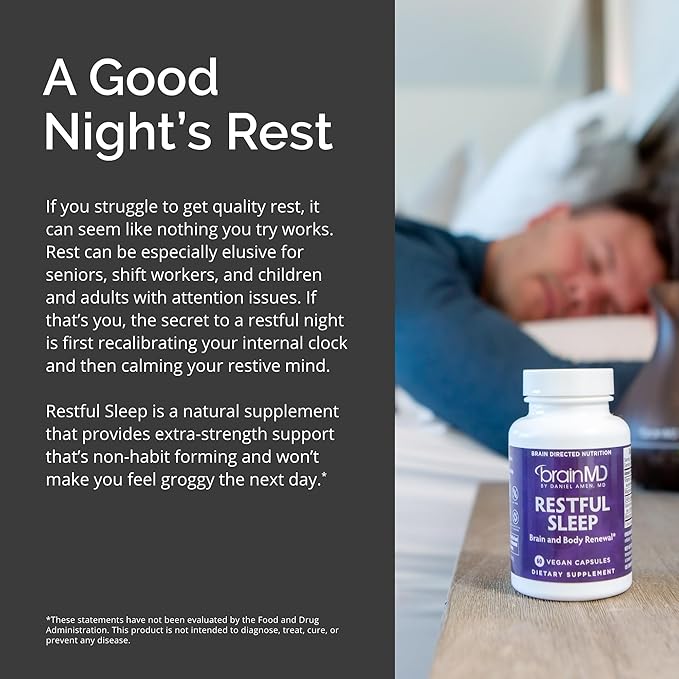 BRAINMD Dr Amen Restful Sleep - 60 Vegan Capsules Pack of 2 - With Melatonin Valerian Extract GABA &amp Magnesium - Non-Habit Forming - 60 Total Servings