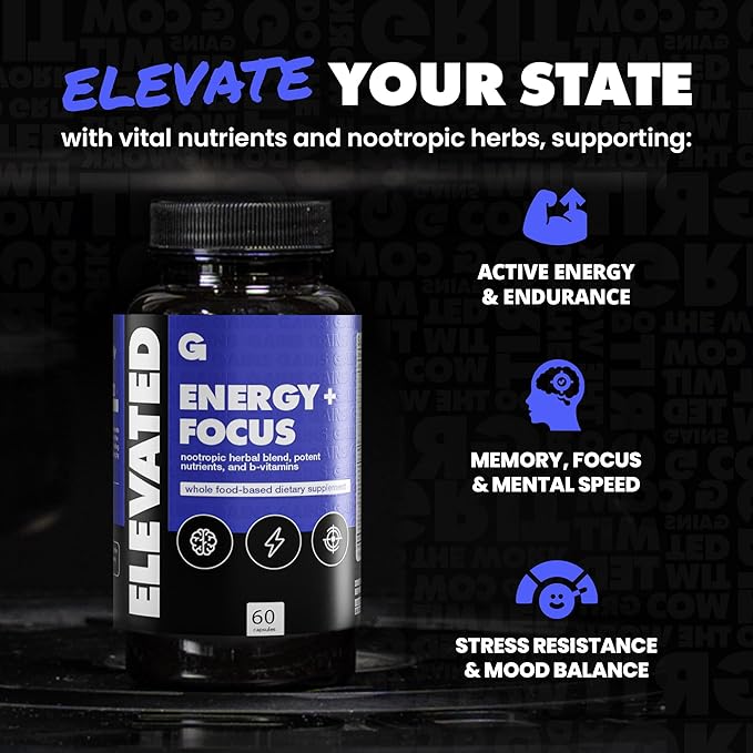 Gains in Bulk Elevated Nootropic Herbal Energy Supplements with Ginkgo Biloba B Vitamins DMAE Clean Energy &amp Focus Supplement Supports Digestive Health Cognitive Brain Health Vegan 60 Capsu