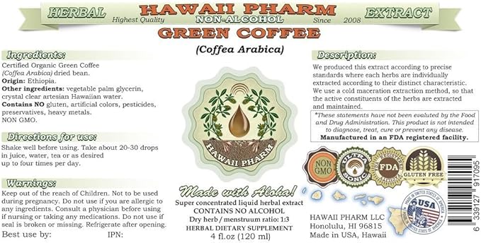 Hawaii Pharm Green Coffee Alcohol-Free Liquid Extract Green Coffee (Coffea Arabica) Dried Bean Glycerite Natural Herbal Supplement 2x32 oz Unfiltered