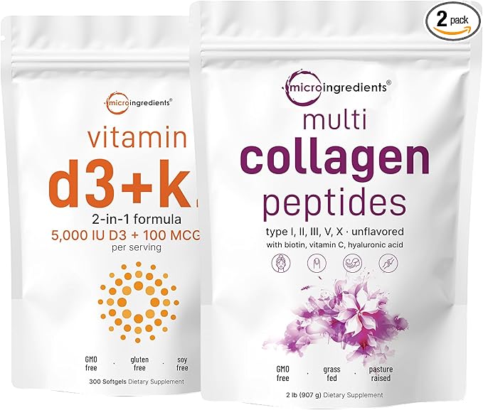 Micro Ingredients Vitamin D3 5000iu + K2 100mcg Softgels &amp Multi Collagen Protein Powder Bundle 2 Pack | Essential Sunshine Vitamins | Grass-Fed Collagen Peptides