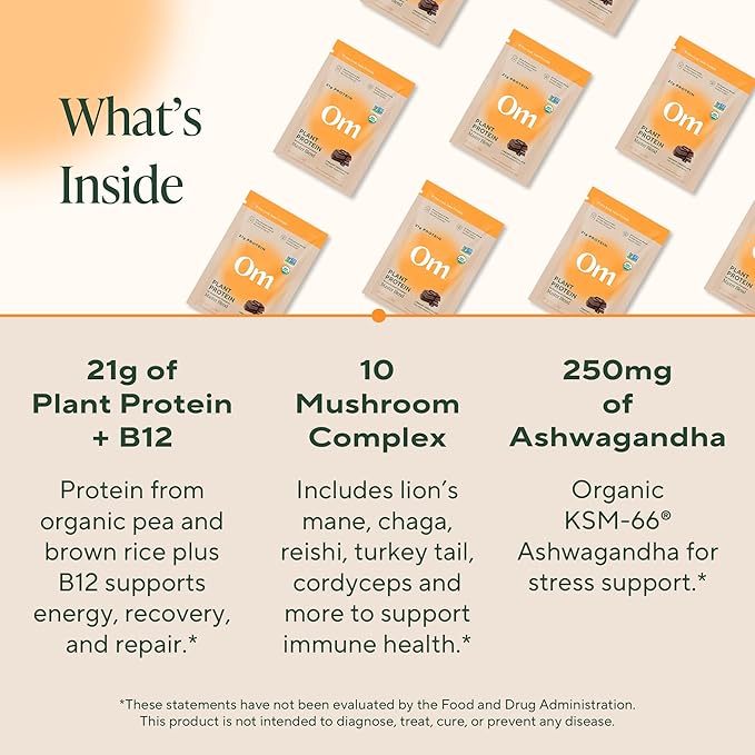 OM MUSHROOM SUPERFOOD Master Blend Vegan Protein – Organic Chocolate Plant Protein with 10 Mushrooms Ashwagandha BCAAs &amp B12 – Energy Recovery &amp Immune Support – 10 Single Serves