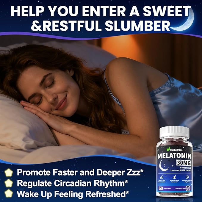 Adults Melatonin Gummies 30mg: Extra Strength Sugar Free Melatonin Gummies with Magnesium L-Theanine Chamomile Lavender Vitamin B12 B6 D3 - Nighttime Deep Zzz Aid Immune Support(120Count)