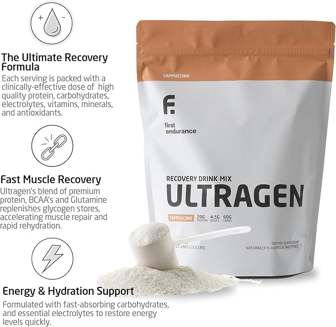 FIRST ENDURANCE Ultragen Workout Recovery Drink Powder Protein Mix Boosts Energy Accelerates Recovery | Cappuccino 15 Servings