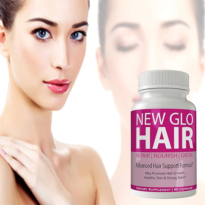 New Glo Hair Skin and Nails Supplement - Advanced Unique Hair Growth Vitamins and Minerals with Biotin - Gluten Free 60 Capsules - Hair Lash Skin and Nails Extra Strength Formula Growth Booster