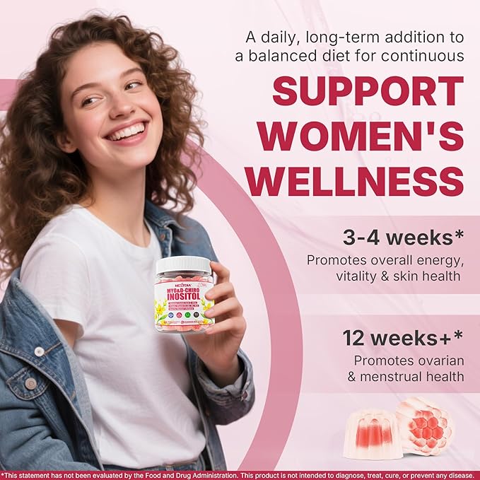 Inositol Gummies Supplement with Evening Primrose Oil for Women - 40:1 Ratio Myo-Inositol 2000mg &amp D-Chiro Inositol 50mg with VIT D3 B12 &amp Zinc Sugar-Free for Natural Balance Vegan (120ct)