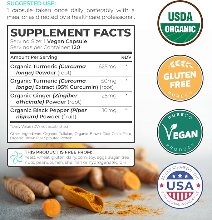 Turmeric &amp Lions Mane (1-Month Supply) Mindful Turmeric Bundle of Organic Turmeric Curcumin with Black Pepper &amp Ginger (120 Caps) &amp Organic Lions Mane Mushroom 10:1 Extract (60 Caps)