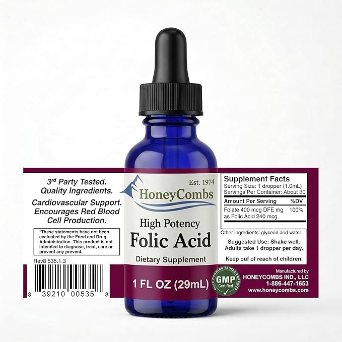 Folic Acid Liquid Drops Vitamin B9 Folate Supplement Liquid Folate Drops Fast Absorbing Vitamin B Complex Alternative Prenatal Folic Acid Women Men – Energy Metabolism Red Blood Cell Support Vegan 1oz
