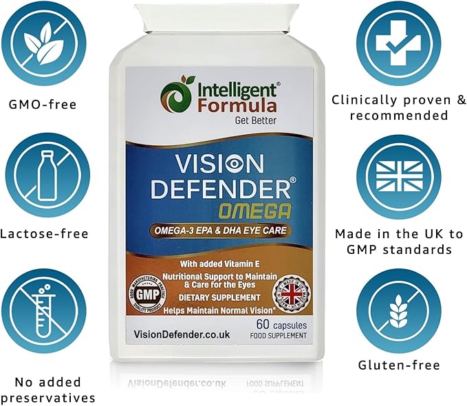 VISION DEFENDER OMEGA Eye Supplement: Care and Relief for Dry Eyes Improve Eye Health- High Strength 1000mg Pure Omega-3 Fish Oil (400mg EPA 200mg DHA per capsule)+Vitamin E (60 Softgels) Made in UK