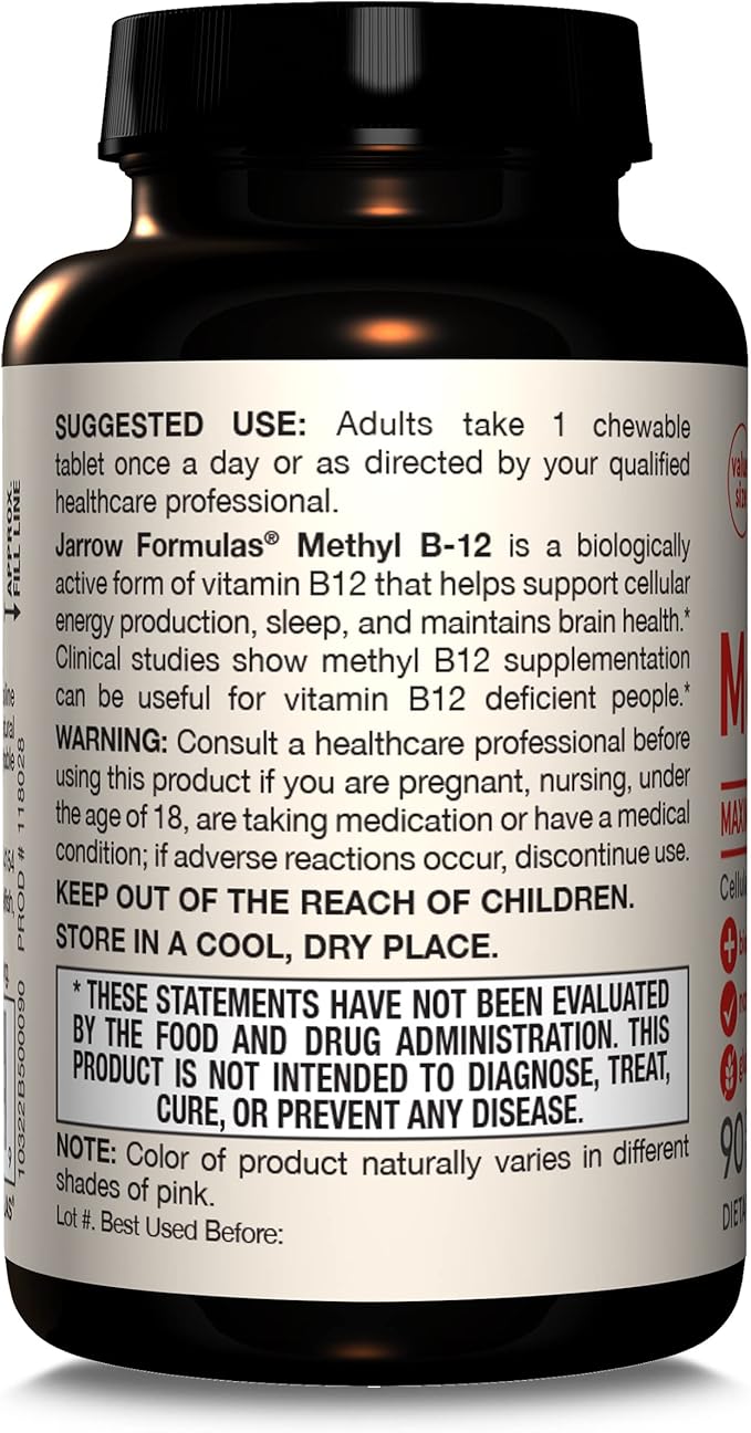 Jarrow Formulas Vitamin B12 5000 mcg - Maximum Strength for Cellular Energy and Brain Health 90 Cherry Chewable Tablets B12 Vitamins 5000 mcg
