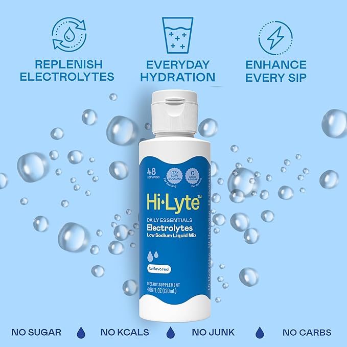 Hi-Lyte Low Sodium Electrolyte Supplement for Immune Support Fasting and Rapid Hydration | 48 Servings | Magnesium Potassium Zinc | Unflavored Mineral Taste Drops