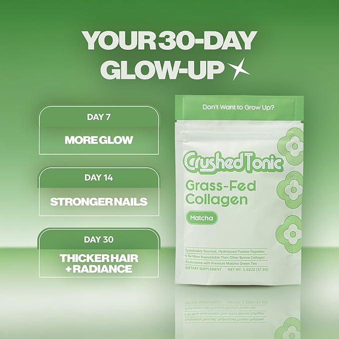 Crushed Tonic Marine Collagen Powder Korean Beauty Drink with Hydrolyzed Collagen Peptides for Skin Hair &amp Nails | Gluten-Free Halal &amp Kosher (Matcha 30 Servings (150 Grams) Sticks)