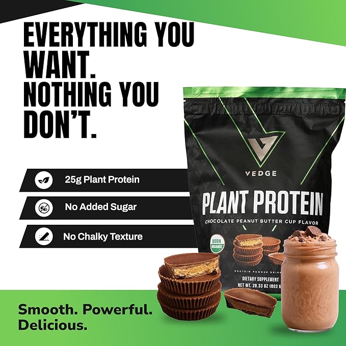 VEDGE Vegan Protein Powder - Plant Protein Powder with Pea Pumpkin &amp Sunflower - USDA Organic Amino Acids Dairy Free Gluten Free Soy Free Keto Non GMO - Peanut Butter Cup - 20 Servings