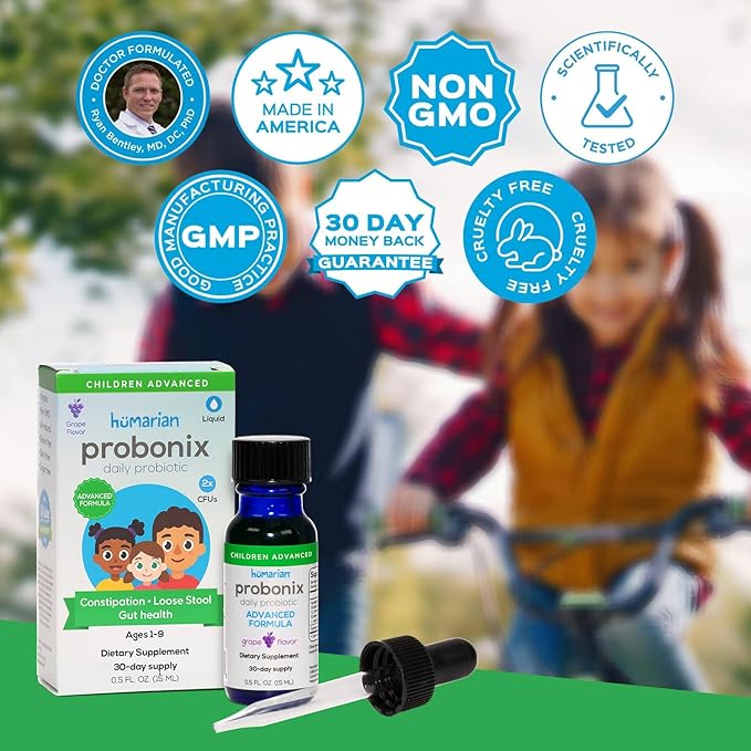 Humarian Advanced Probonix for Kids 30 lbs &amp Up - High Bioavailability Liquid Probiotics - Superior 8-Strain Probiotic Drops to Fortify Gut Health Immunity &amp More - 30-Day Supply Tasty Grape