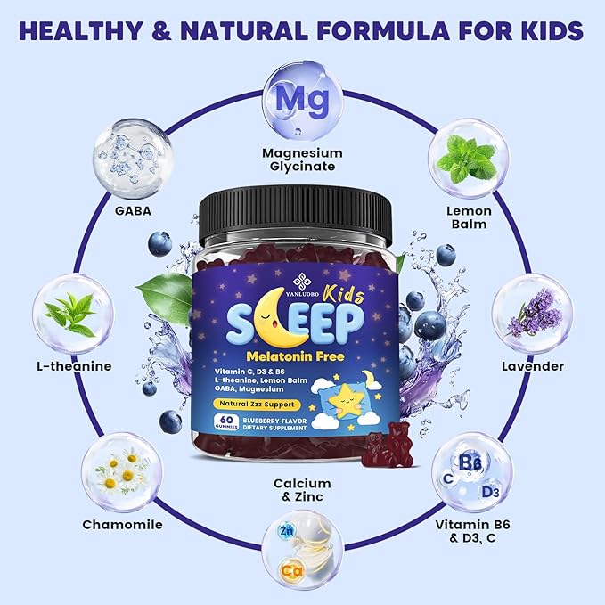 Kids Magnesium Gummies Sleep Gummies Melatonin Free - with Magnesium Glycinate Lemon Balm L-Theanine &amp GABA - Calming Relaxation Support Natural Zzz Relaxation