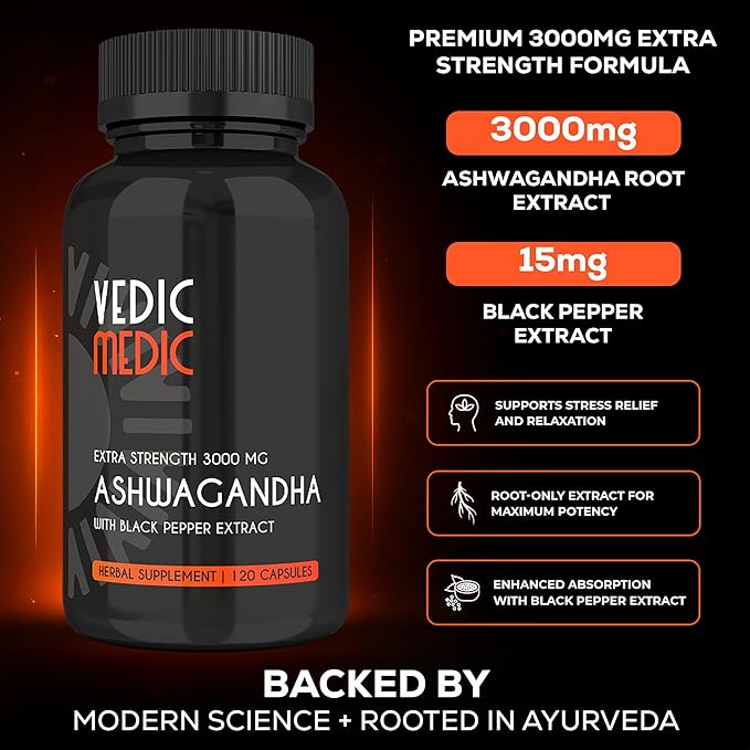 Organic Ashwagandha Capsules Extra Strength 3000mg with Black Pepper Extract - Stress Relief Mood Enhancer Energy Support - Non-GMO Vegan Gluten Free (120)