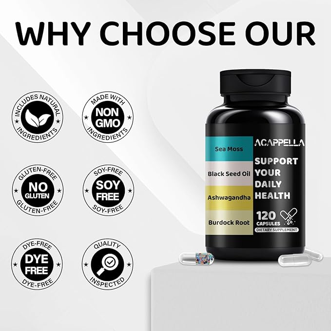 ACAPPELLA Sea Moss Ashwagandha Black Seed Oil Burdock Root Capsule with Vitamin C &amp D3 Turmeric Bladderwrack SupplementMixed Apple Cider Vinegar Elderberries Chlorophyll Element (1)