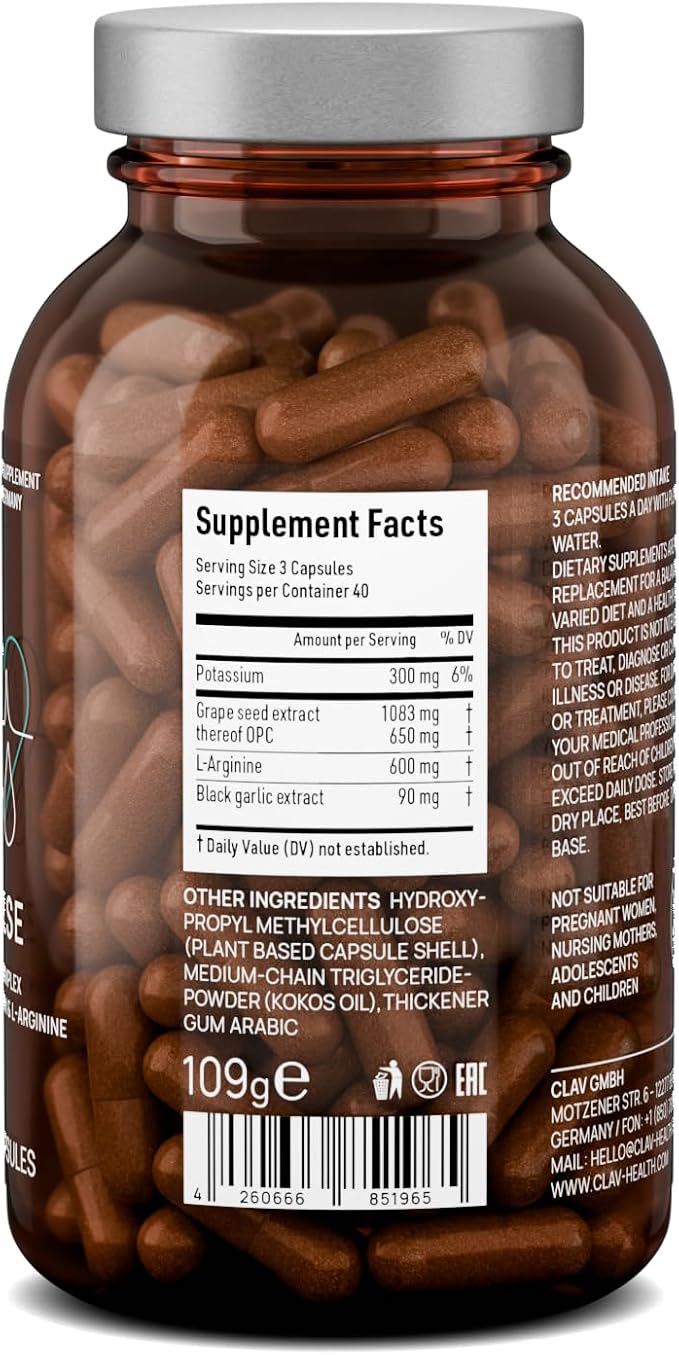 Premium Blood Pressure Support Supplement with Grape Seed Extract L-Arginine Black Garlic Extract &amp Potassium - 120 Capsules