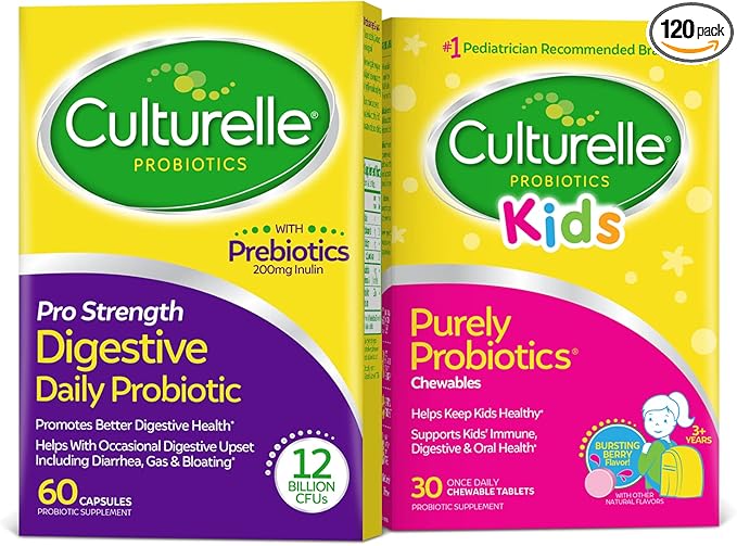 Culturelle Daily Probiotic Bundle – Pro Strength Daily Probiotic Capsules for Men and Women and Daily Probiotic Chewables for Kids Digestive + Immune Support Gluten Free