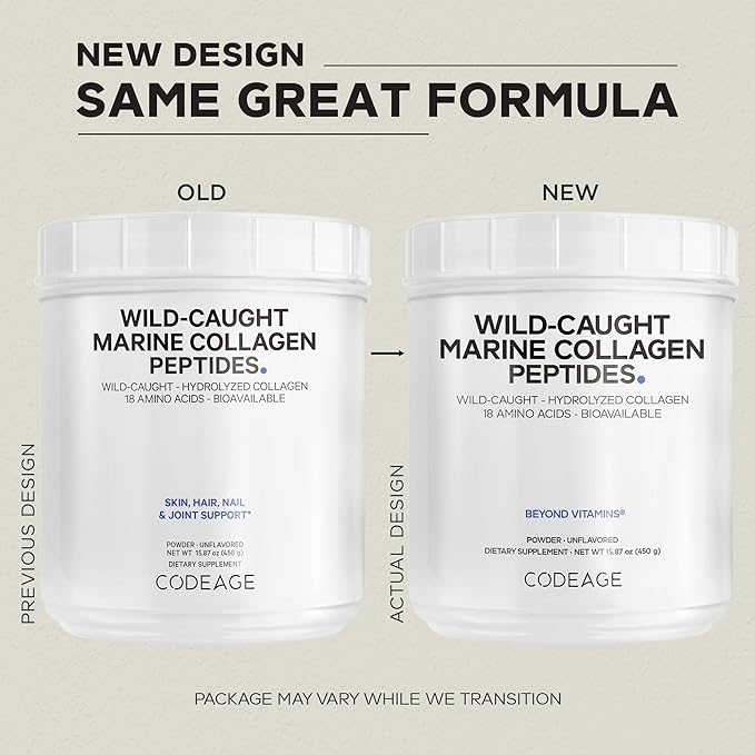 Codeage Marine Collagen Powder - Wild-Caught Hydrolyzed Fish Collagen Peptides - Type 1 &amp 3 Collagen Protein Supplement - Amino Acids for Skin Hair Nails - Paleo Friendly Non-GMO 15.87 Ounces