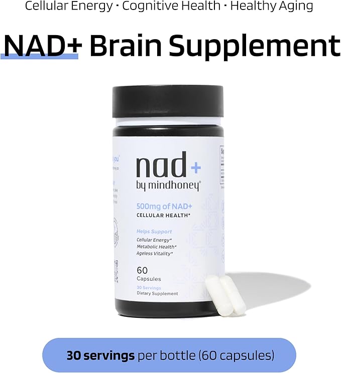 MINDHONEY | NAD+ Brain Supplement | 500mg NAD+ Premium Formula | Healthy Anti-Aging Cellular Energy Cognition Metabolic Health Heart + Muscle Support | Vegan Non-GMO Gluten-Free | 30 Servings