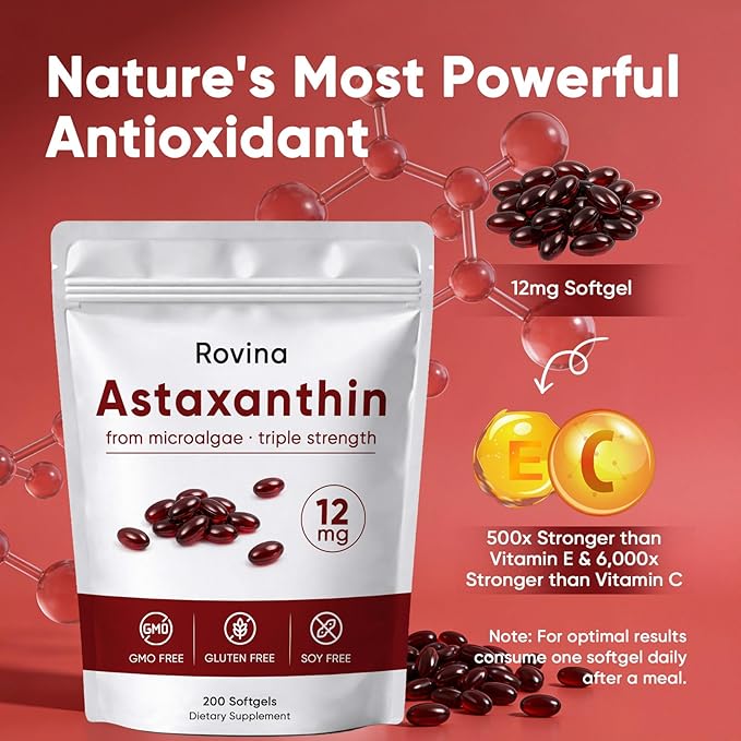 Rovina Astaxanthin Astaxanthin 12mg Antioxidant Supplement for Daily Wellness Immune Eye &amp Skin Support Non-GMO Gluten Free - 200 Softgels (1)