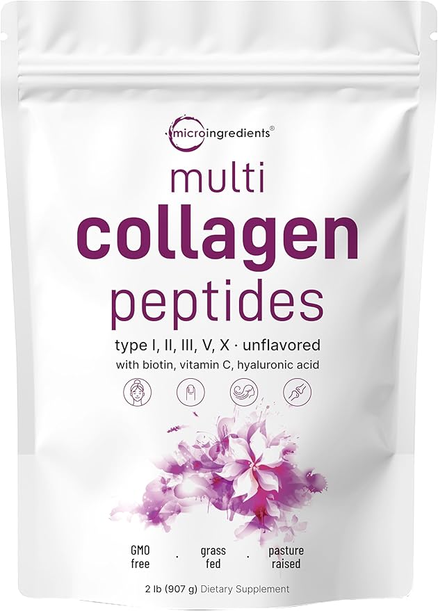 Micro Ingredients Multi Collagen Protein Powder 2lbs &amp Vitamin D3 10000iu + K2 200mcg Coconut Oil Softgels Bundle 2 Pack | Grass-Fed Collagen Peptides | Essential Sunshine Vitamins