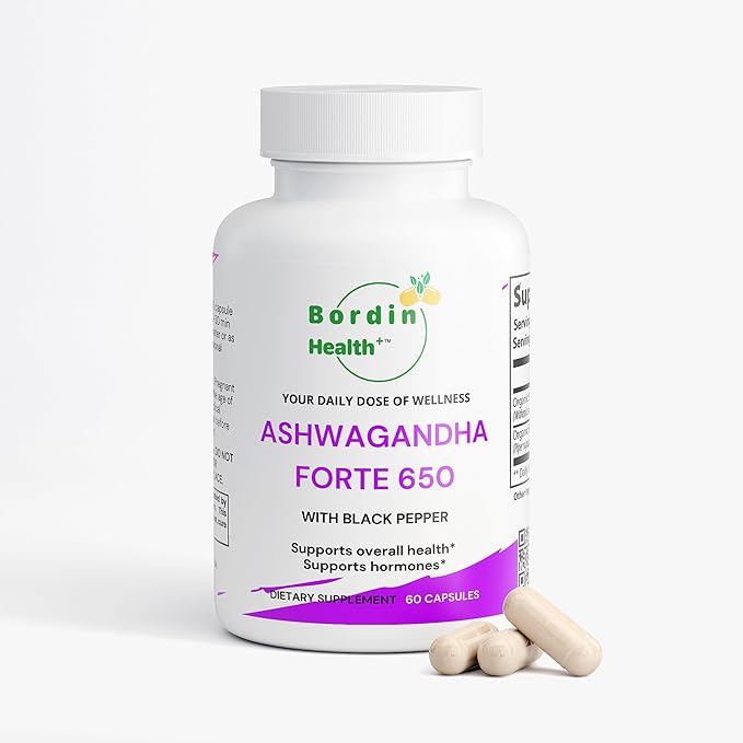 Bordin Health+ Ashwagandha Forte 650 with Black Pepper Organic Dietary Supplement for Stress &amp Mood 60 Vegan Capsules Supports Overall Health and Hormones
